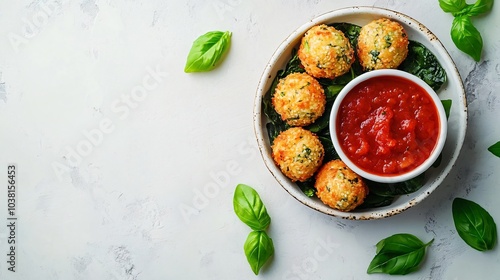 Spinach and mozzarella arancini with a marinara dip, isolated on a light stone background with decorative basil leaves