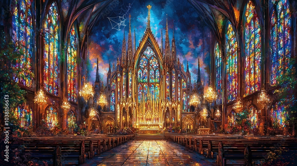 1. A vibrant, illuminated Gothic cathedral interior featuring stained glass windows, chandeliers, and reflecting light on a polished floor. 1. A vibrant, illuminated Gothic cathedral interior featuring stained glass windows, chandeliers, and reflecting light on a polished floor.