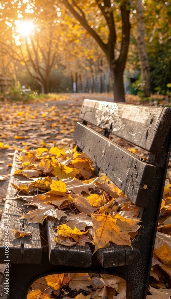 Autumn beauty  golden leaves on a rustic bench beneath warm sunlight in a serene park