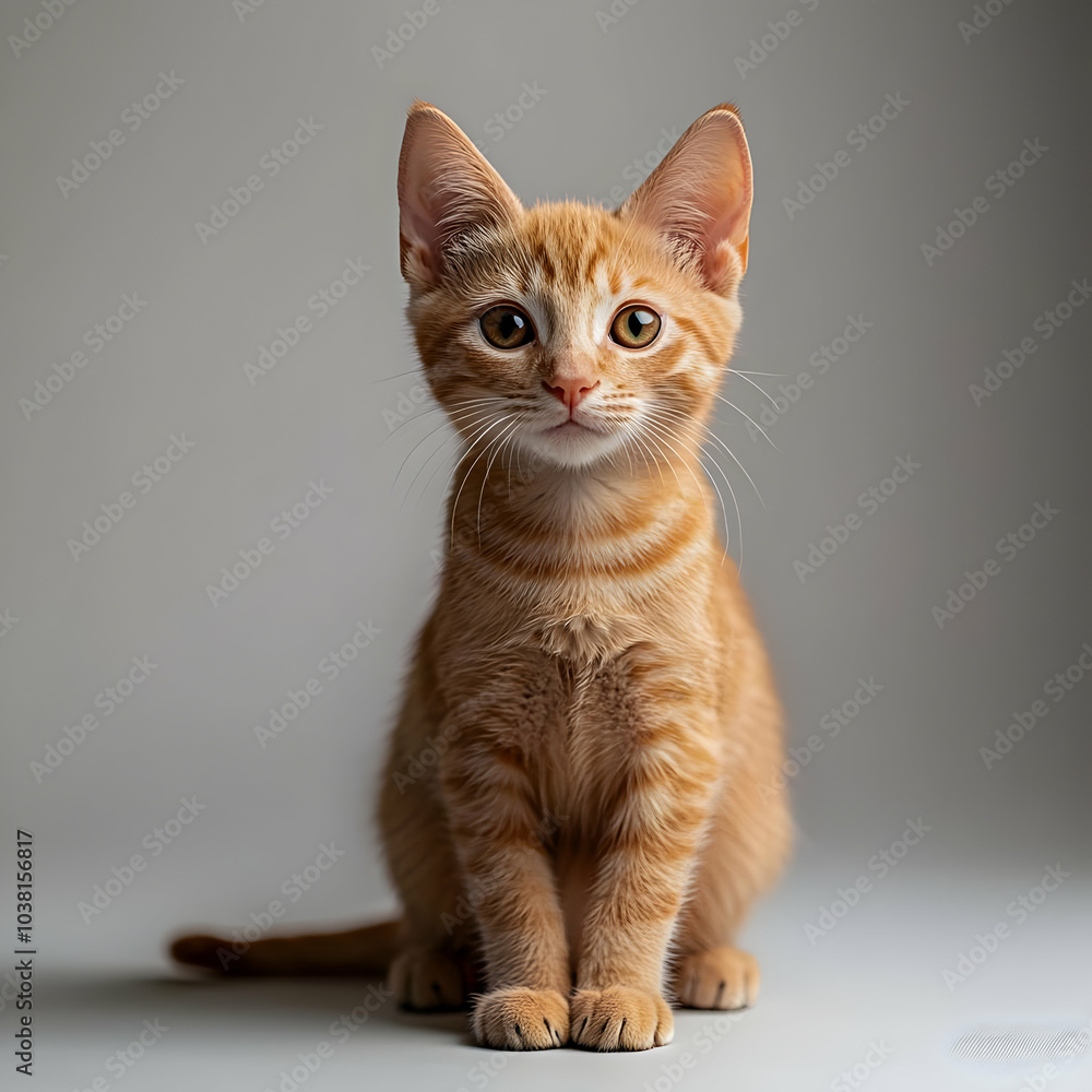Fototapeta premium Adorable Ginger Kitten Sitting on Gray Background.