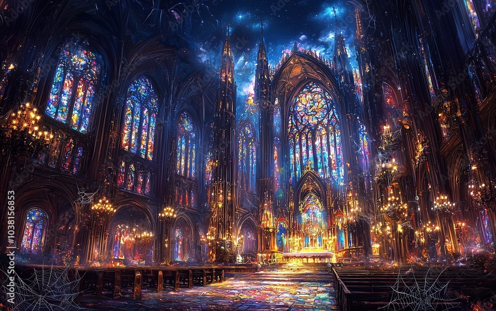 A stunning, ethereal interior of a grand cathedral with glowing stained glass and intricate architectural details, set against a starry, mystical backdrop. A stunning, ethereal interior of a grand cathedral with glowing stained glass and intricate architectural details, set against a starry, mystical backdrop.