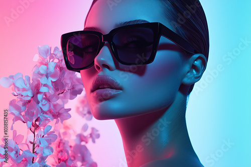 people of ai // fashion model wearing black sunglasses with white flowers on her side against a neon light blue and red background, photorealistic