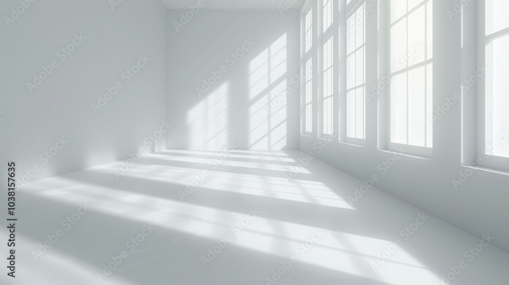 bright, minimalistic interior space with white walls and large windows allowing sunlight to create soft shadows on floor. serene atmosphere evokes sense of calm and openness bright, minimalistic interior space with white walls and large windows allowing sunlight to create soft shadows on floor. serene atmosphere evokes sense of calm and openness