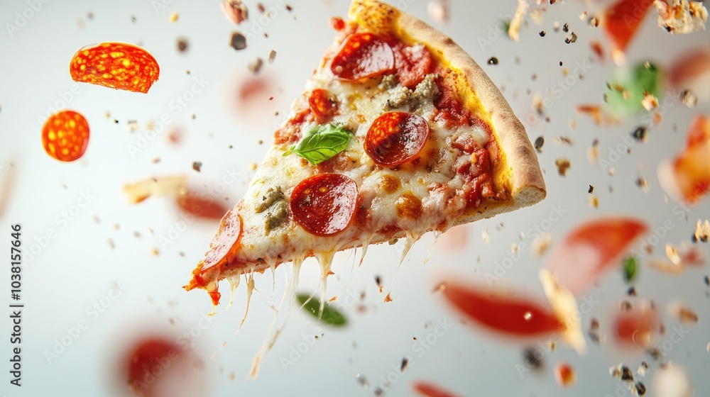 Lively Composition of Falling Pizza Slice with Toppings Lively Composition of Falling Pizza Slice with Toppings