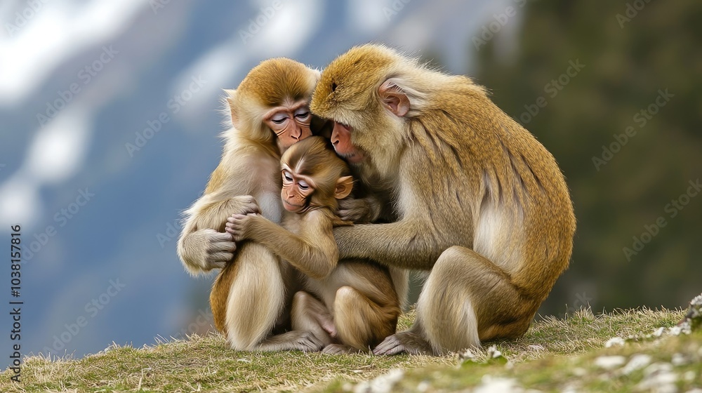 Naklejka premium A family of monkeys grooming each other on a grassy hillside, with the young ones playfully interacting nearby, capturing a moment of connection. --chaos