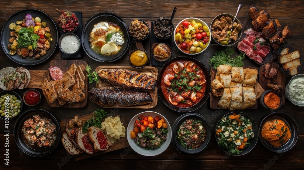 Overhead View of a Mouthwatering Table of Food Overhead View of a Mouthwatering Table of Food