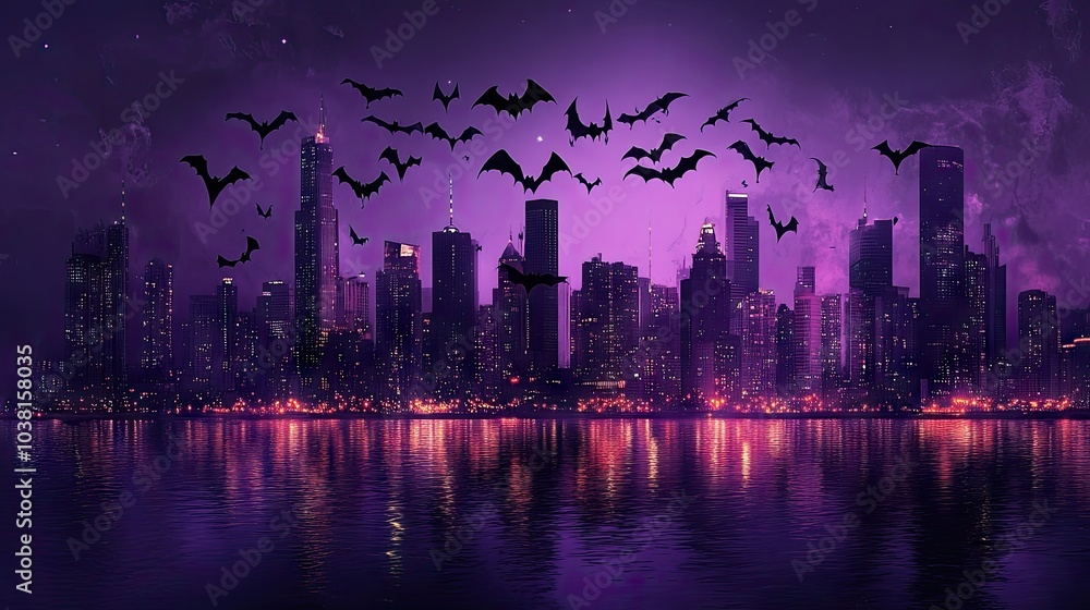 Obraz premium A flock of bats flying across the night sky, with the faint glow of city lights on the horizon, contrasting the natural and urban worlds. --chaos