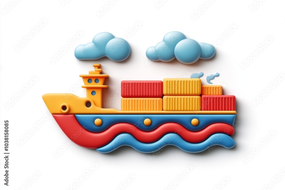 Obraz premium 3D Cartoon Cargo Ship with Containers and Clouds