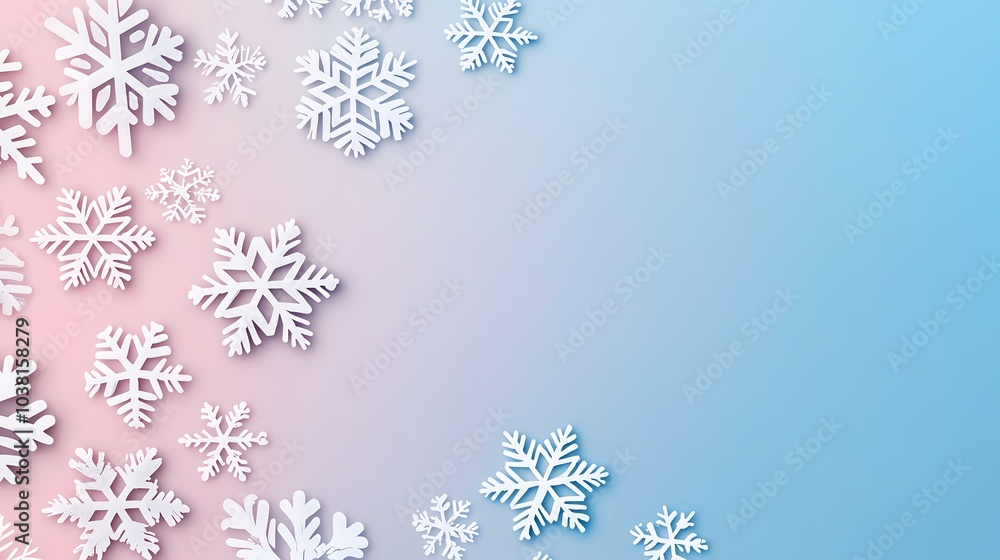 The image contains a pink and blue background with white snowflakes scattered on it. The snowflakes are arranged on the left side of the image, with the majority on the pink side. There is empty s The image contains a pink and blue background with white snowflakes scattered on it. The snowflakes are arranged on the left side of the image, with the majority on the pink side. There is empty s