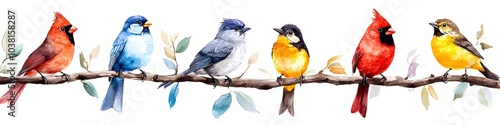 Vibrant Watercolor of Diverse Garden and Forest Birds on Branch