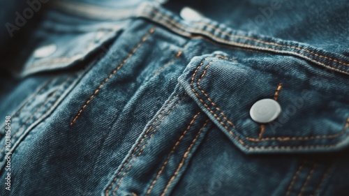 Classic jeans texture and Stylish blue denim jacket pocket,Blue denim jacket,jean opened pocket with a button,outfit jeans background,Popular fashion clothing,space for text.