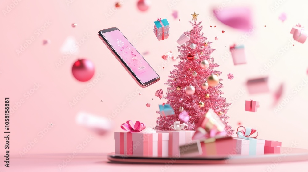 Abstract 3D model of a smartphone with exploding icons of shopping,Christmas day in winter season,gifts and christmas tree,santa,happy new year,discounts and digital payment solutions,pastel theme. Abstract 3D model of a smartphone with exploding icons of shopping,Christmas day in winter season,gifts and christmas tree,santa,happy new year,discounts and digital payment solutions,pastel theme.