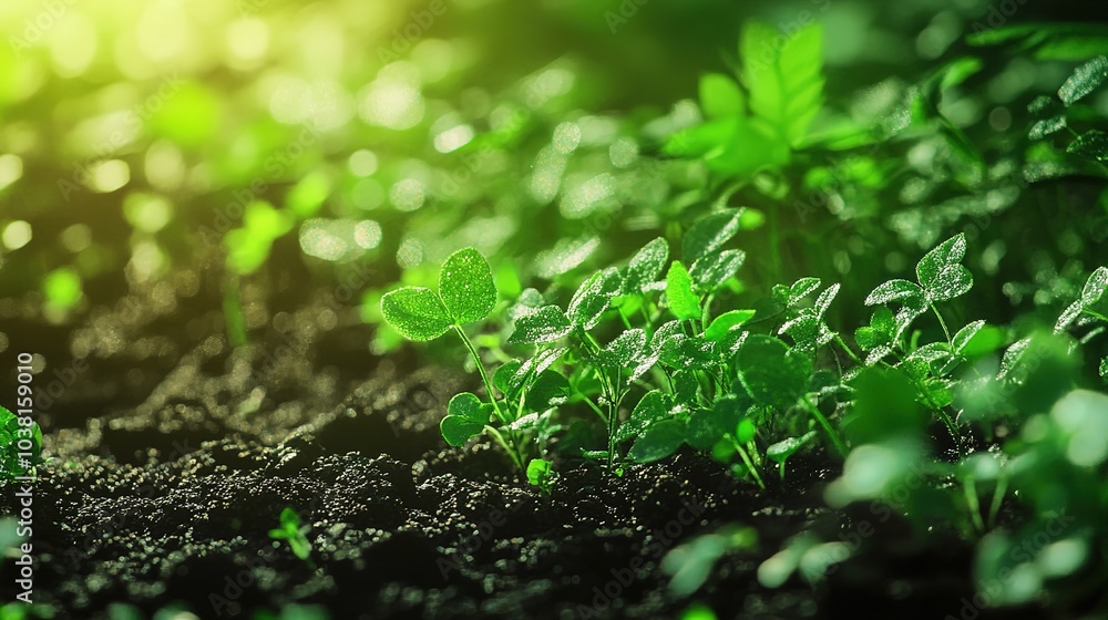 green plants grow on the ground. The plants are small and have many leaves. Abstract style for bokeh background green plants grow on the ground. The plants are small and have many leaves. Abstract style for bokeh background
