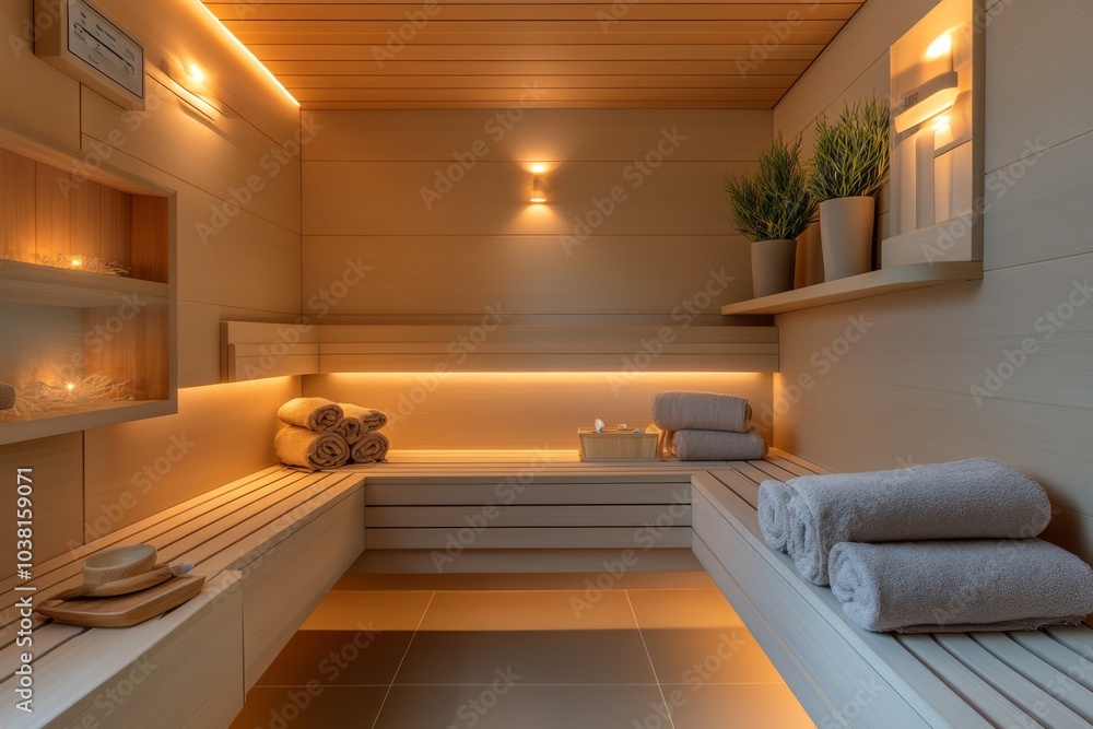 Obraz premium Modern Wooden Sauna Interior with Towels and Lighting