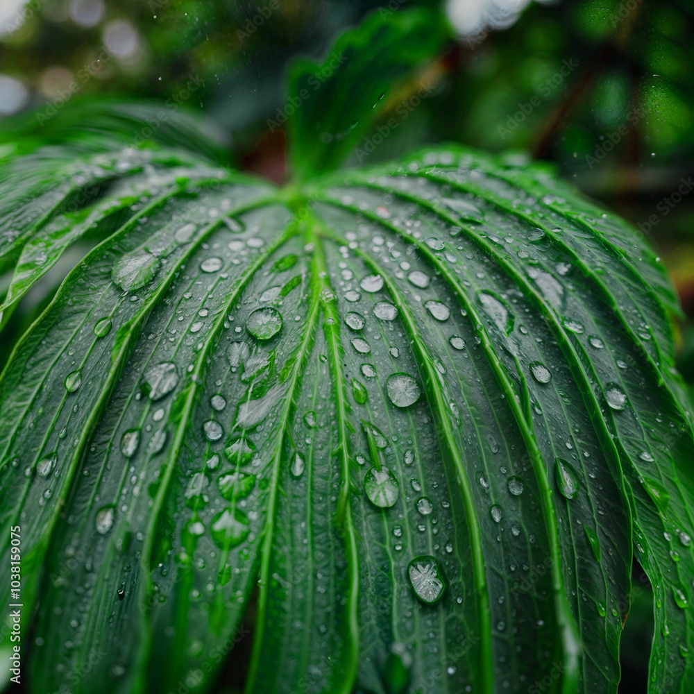 Obraz premium Close-up of a vibrant green leaf with water droplets, showcasing the intricate details of the leaf's texture and the clarity of the droplets. Ideal for nature, freshness, and environmental themes. 