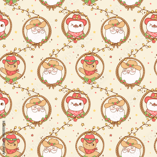 Cute Retro Christmas seamless pattern Cowboy happy Santa, snowman and gingerbread man in lasso wreath hand drawn cartoon doodle