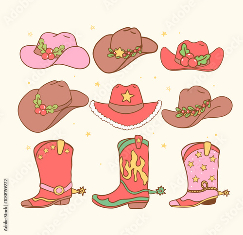 Retro Christmas Cowboy boots and cowboy hats collection hand drawn cartoon doodle