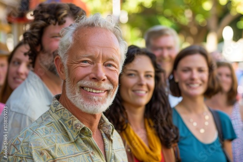 Portrait of happy senior man with group of friends in the background