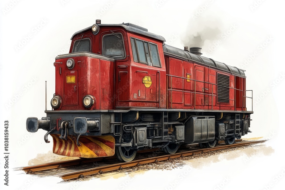 Red Diesel Locomotive Train Engine on Railway Tracks Illustration Red Diesel Locomotive Train Engine on Railway Tracks Illustration