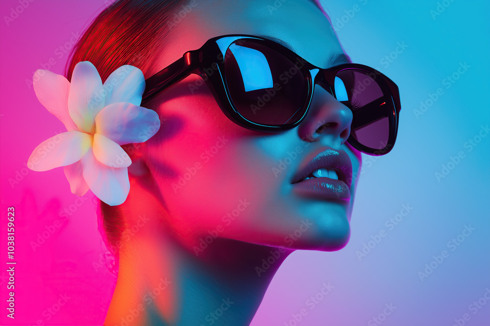 people of ai // fashion model wearing black sunglasses with white flower on the side against a neon light blue and red background, photorealistic people of ai // fashion model wearing black sunglasses with white flower on the side against a neon light blue and red background, photorealistic