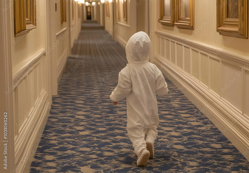 Toddler Walking Down Hotel Corridor. Toddler Walking Down Hotel Corridor.