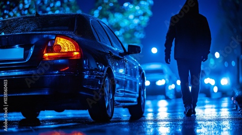 A person walking past a parked car at night with a hooded figure lurking nearby suggesting vehicle theft Stock Photo with side copy space photo