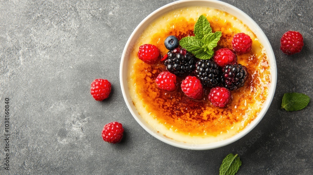 Aerial View of Creamy Brûlée with Fresh Berries Aerial View of Creamy Brûlée with Fresh Berries