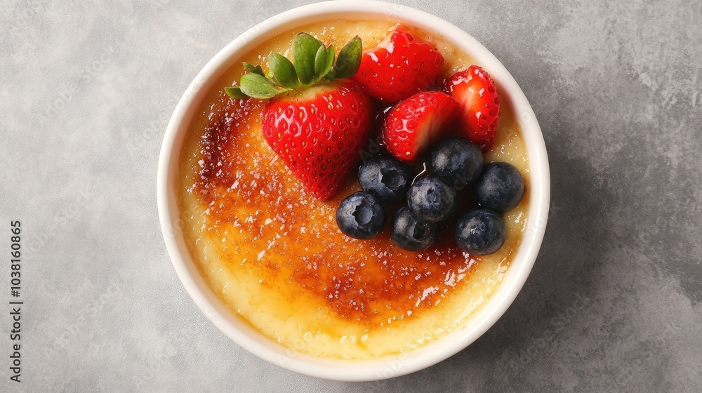 Aerial Shot of Crème Brûlée with Fresh Berries Aerial Shot of Crème Brûlée with Fresh Berries