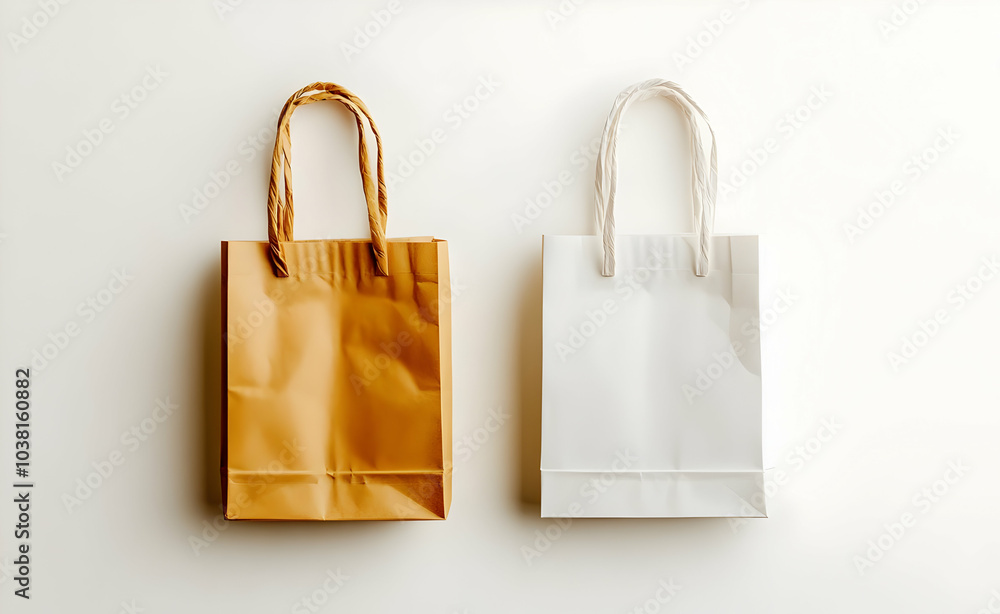Brown and White Paper Shopping Bags on White Background. Brown and White Paper Shopping Bags on White Background.