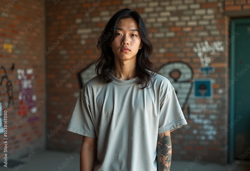 Dynamic Portrait of an Asian Skater with Long Hair and Tattoos Wearing a Pastel Grey T-Shirt in Front of Graffiti Dynamic Portrait of an Asian Skater with Long Hair and Tattoos Wearing a Pastel Grey T-Shirt in Front of Graffiti