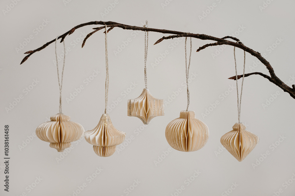 Paper Ornaments on Branches. Minimalist Design, Soft Neutral Background, Eco-Friendly Tranquil Aesthetics Paper Ornaments on Branches. Minimalist Design, Soft Neutral Background, Eco-Friendly Tranquil Aesthetics