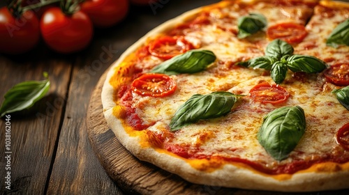 Cheesy Pizza Close-Up with Fresh Basil and Tomatoes