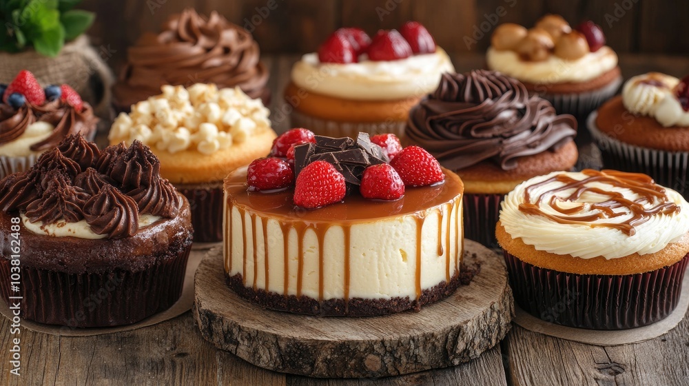Assorted Cheesecakes and Cupcakes with Toppings Assorted Cheesecakes and Cupcakes with Toppings