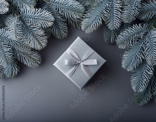 Top view ofgray and silver gift box on pine branches on wooden table with copy space  photo