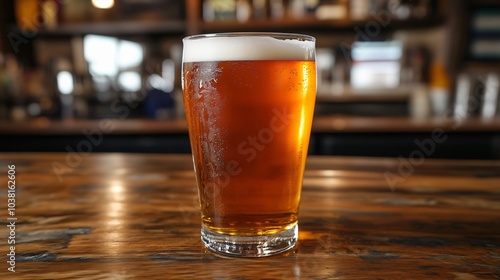 Cold glass of beer resting on a bar top