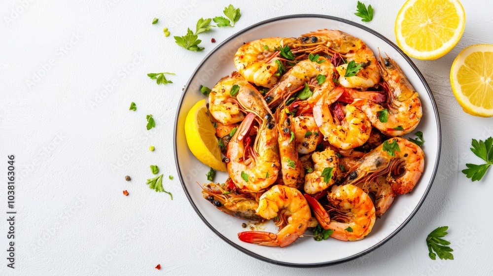 Delicious Grilled Shrimp with Lemon and Herbs on a White Plate - Perfect Dinner Concept for Seafood Lovers Delicious Grilled Shrimp with Lemon and Herbs on a White Plate - Perfect Dinner Concept for Seafood Lovers