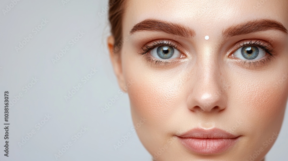 Close-Up Portrait of a Woman with Clear Skin and a Small White Spot on Forehead Highlighting Skin Conditions Close-Up Portrait of a Woman with Clear Skin and a Small White Spot on Forehead Highlighting Skin Conditions