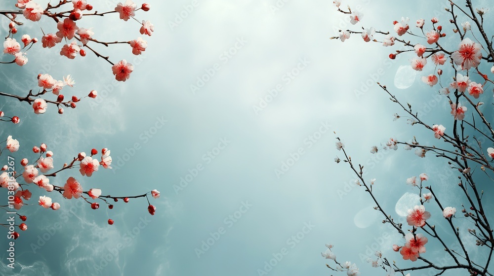 Plum and cherry flowers and branches. Cloudy Sky Background Plum and cherry flowers and branches. Cloudy Sky Background
