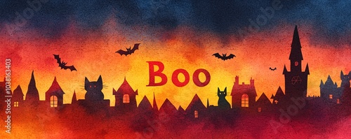 Spooky silhouettes and eerie atmosphere a halloween-themed artwork with cats bats and a haunted village setting