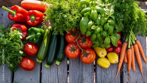 Farmers' market stall with fresh vegetables and herbs