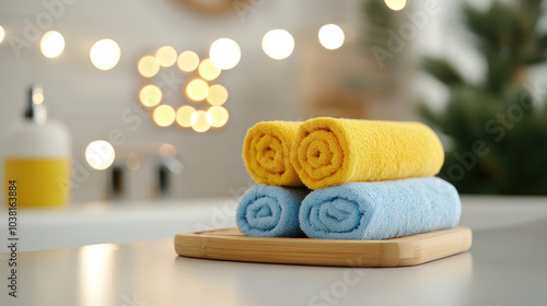 A beautifully designed bamboo bath caddy, Brightly colored towels in yellow and blue, neatly rolled on a wooden tray, creating a warm and inviting bathroom atmosphere.