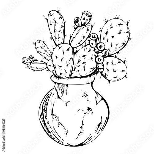 Nature tropical exotic nopal cactus house plant in ceramic terracotta pot, indoor outdoor. Hand drawn ink vector isolated illustration. Design travel, home decor shop brochure, botanical garden ads