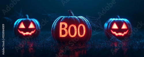 Spooktacular halloween pumpkins lighting up the night with a playful 'boo' message surrounded by webs and atmosphere