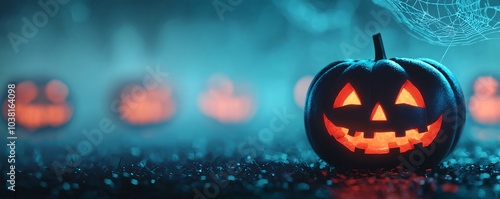 Spooktacular halloween pumpkin a glowing jack-o'-lantern surrounded by eerie fog and ghostly shadows for a festive atmosphere
