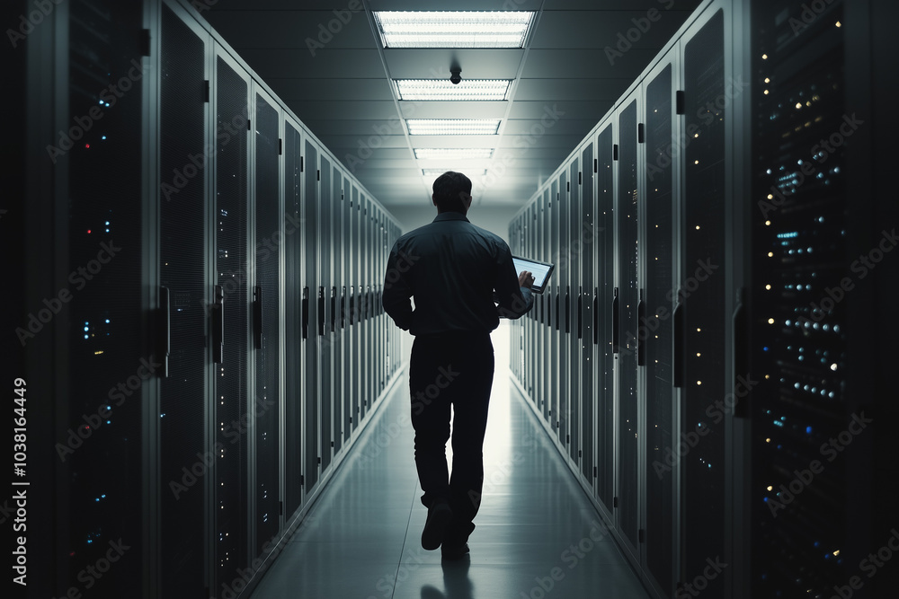 IT Technician Walking Through a Data Center, Server Room, Network Infrastructure, Technology, Maintenance, Troubleshooting IT Technician Walking Through a Data Center, Server Room, Network Infrastructure, Technology, Maintenance, Troubleshooting