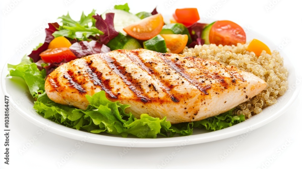 Grilled Chicken Breast with Quinoa and Fresh Vegetable Salad on a White Plate Grilled Chicken Breast with Quinoa and Fresh Vegetable Salad on a White Plate