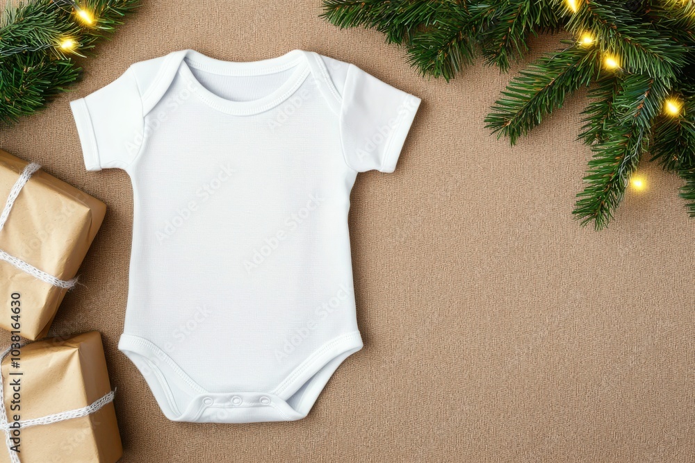 White baby bodysuit with Christmas gifts and greenery. White baby bodysuit with Christmas gifts and greenery.