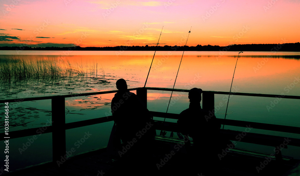 Sunset fishing at the tranquil lake with silhouetted anglers enjoying a peaceful evening Sunset fishing at the tranquil lake with silhouetted anglers enjoying a peaceful evening