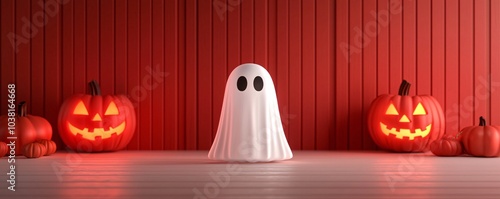 Spooky halloween scene featuring cute ghost and jack-o'-lanterns on a striking red background perfect for festive celebrations