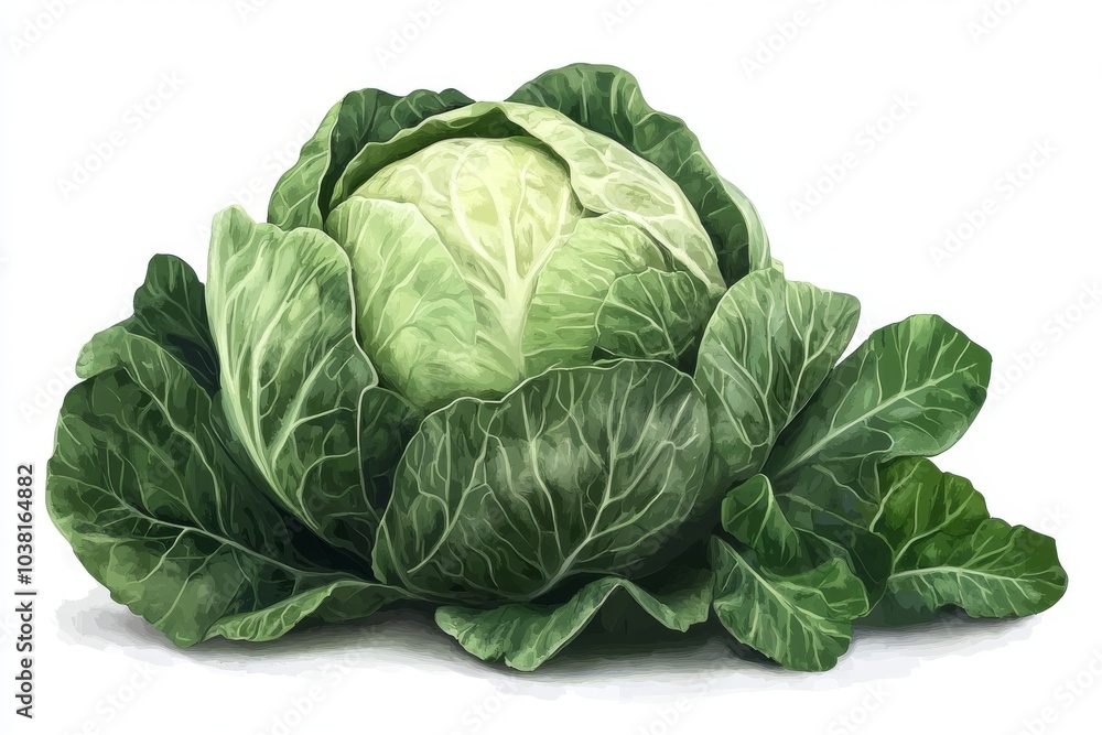 Obraz premium Fresh Green Cabbage with Leaves Isolated on White Background